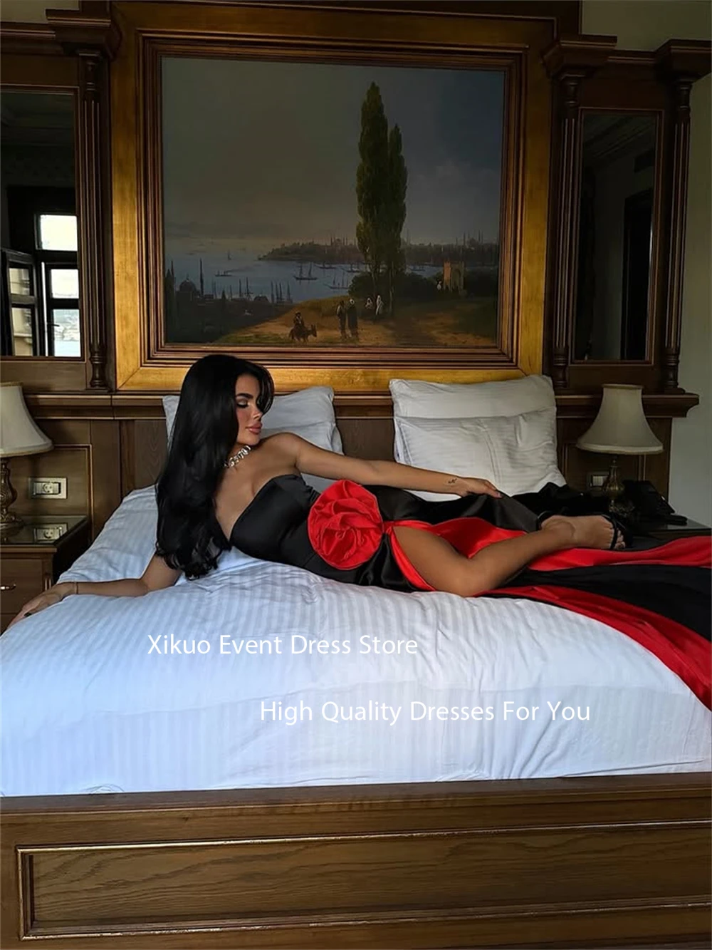 فساتين سهرة Xikuo براقة على شكل حرف A بطول الأرض فساتين حفلات كوكتيل من الساتان بفتحة عالية رداء De Soirée مخصص #3