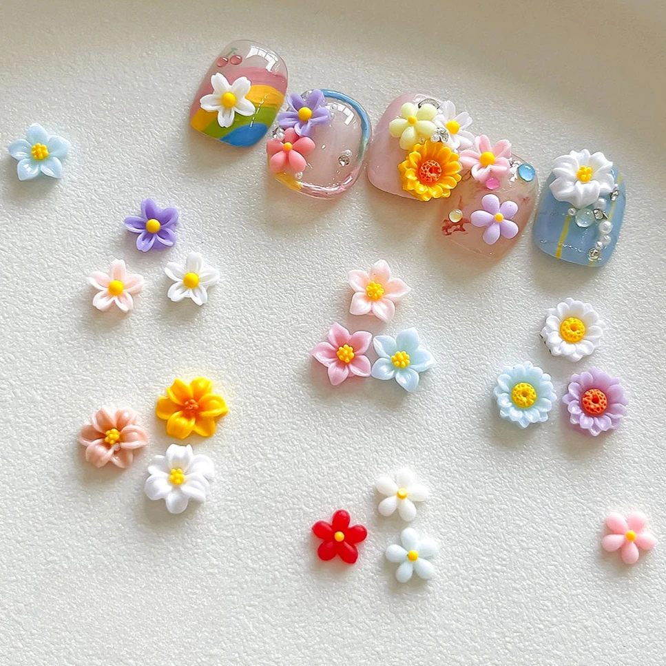

Colorful Daisy Sunflower Fresh Resin Five Petal Flower Camellia Frangipani Nail Art Decorations Charms Accessories Manicure Tool