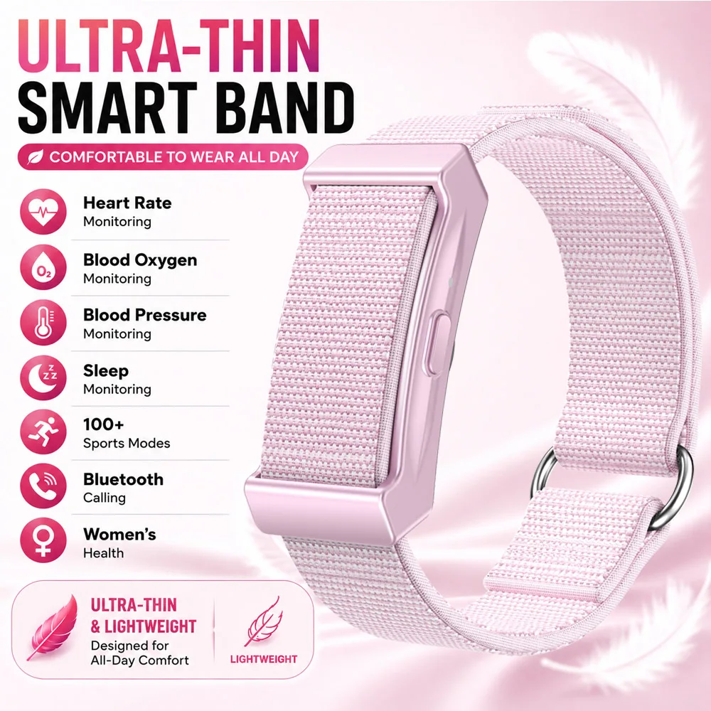 2026New 24-Hour Health Monitoring Smart Bracelet Men 100+Sports Mode IP67 Waterproof Sleep Ultra-Thin Body Smart Bracelet Women