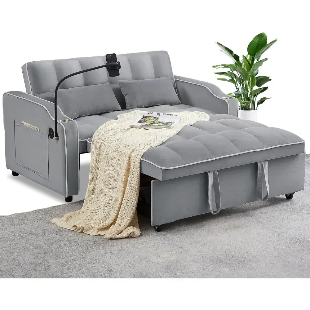 3 in 1 Convertible Sleeper Sofa 2 Seat Velvet Pull Out Couch Futon Living Room Furniture Space Saver Design