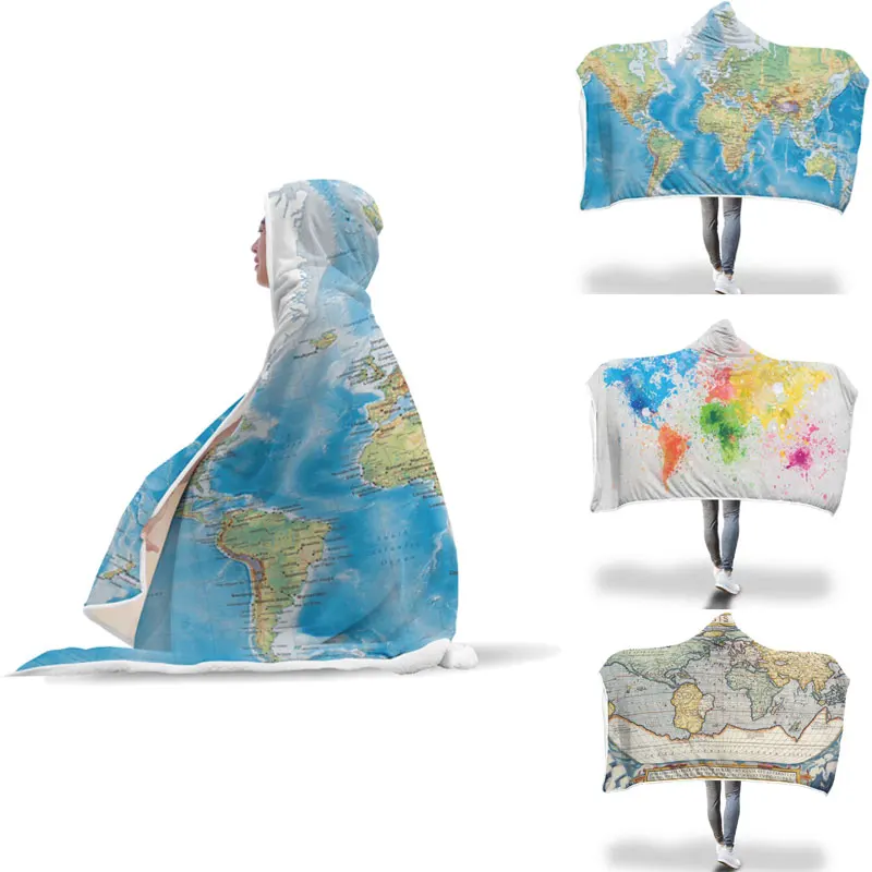 

World Map Throw Blanket Fuzzy Warm Throws for Winter Bedding 3D Printing Soft Fleece Hooded Blanket Sherpa Wearable Blanket