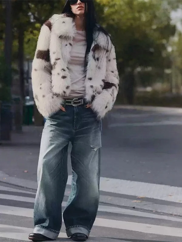 Faionable efeito de pele artificial animal impressão jaet feminino high-end sensação inverno outerwear ele sle longo sve casaco