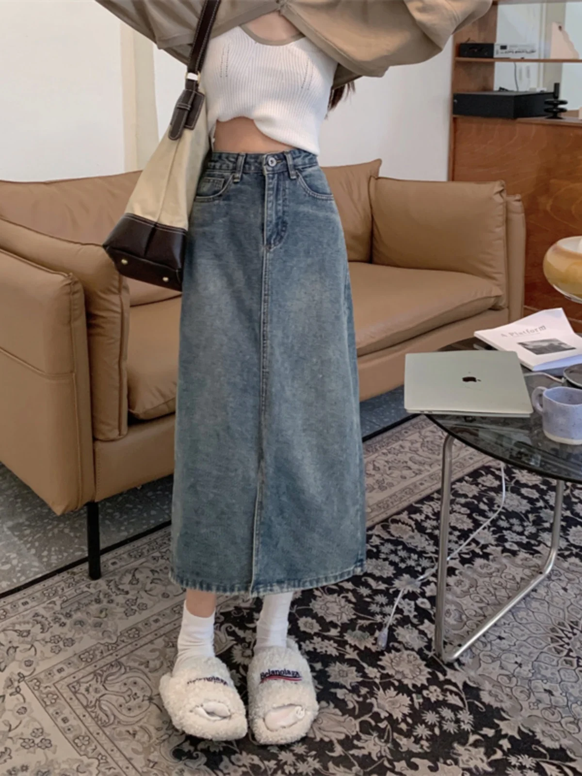 

Джинсовая юбка А-силуэта с высокой талией, ретро-стиль, женская, весна-осень, стройнящая, больших размеров, скрывающая живот