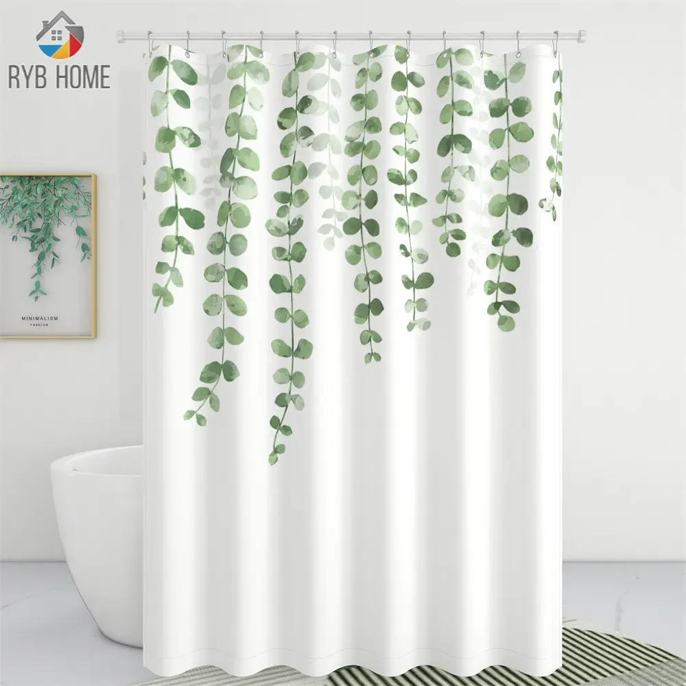 RYB HOME 1pc Bath Curtain Modern 3D Printing Drooping Leaves Shower Curtain with Hooks for Bathroom Waterproof Scenery