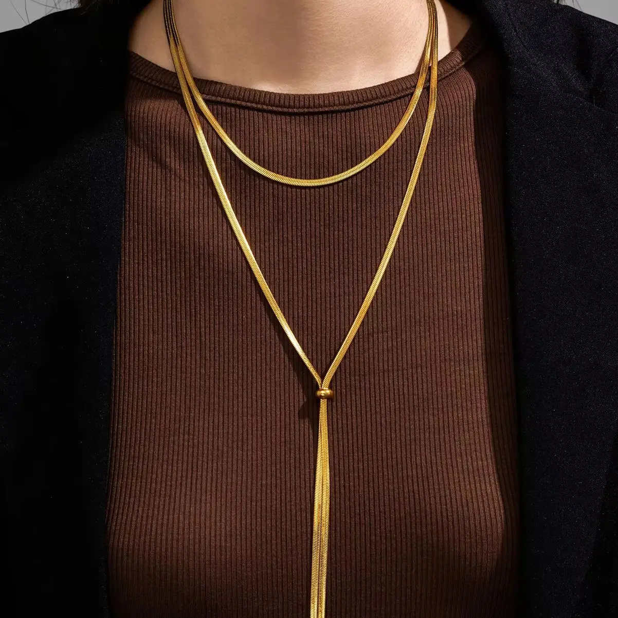Minimalist Drawstring Snake Sweater Chain Stainless Steel Adjustable Long Tassel Necklace Women Light Luxury Daily Fashion Jewel