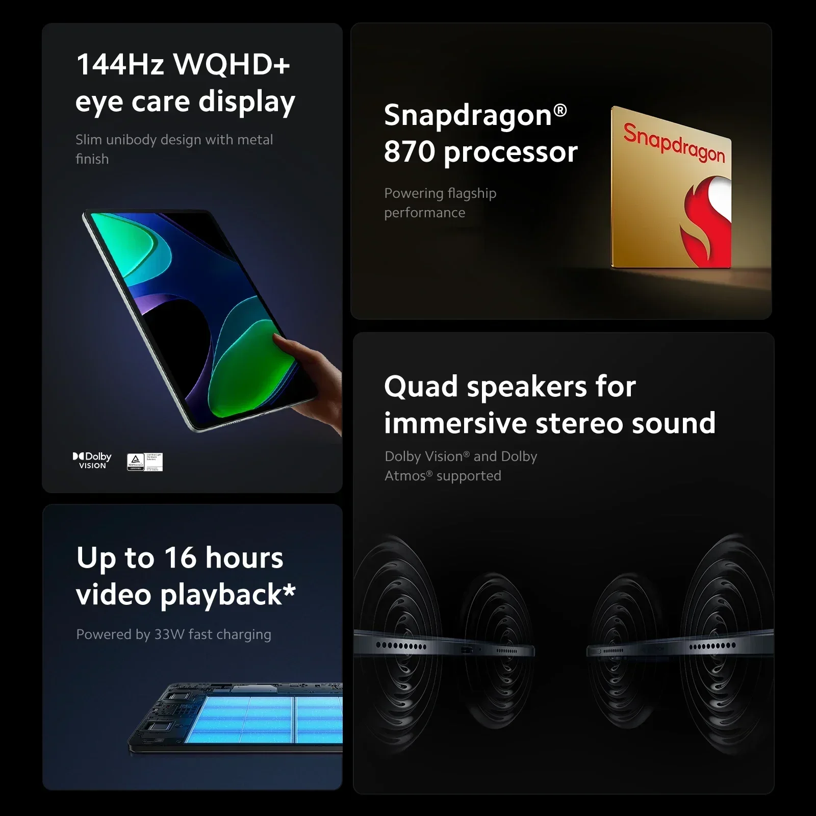 Xiaomi Pad 6 Global Version  Snapdragon® 870 Tablet 33W Fast Charging 13MP Camera 8840mAh 144Hz 11" WQHD+Eye Care Display