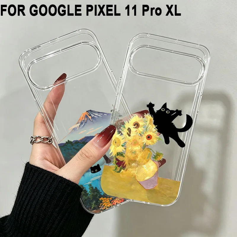 Für Google Pixel 11 Pro Retro Van Gogh Schwarze Katze Silikonhülle für Google Pixel 11 Pro XL 11 Stoßfeste Transparente Handyhülle
