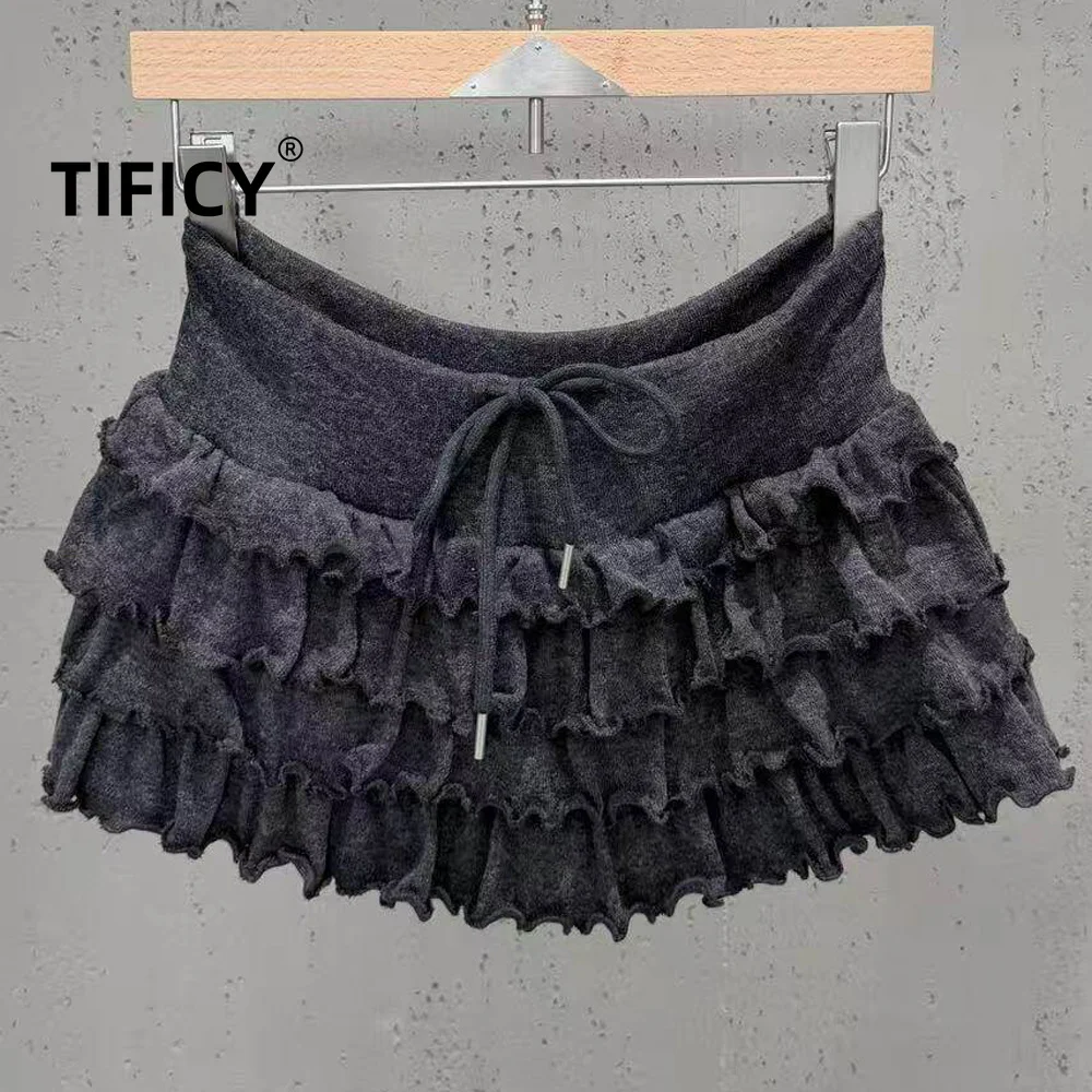 High Street Autumn and Winter Sweet Ruffled Skirts Women's Multi-layer Cake Skirt Drawstring A-line Skirt Gray
