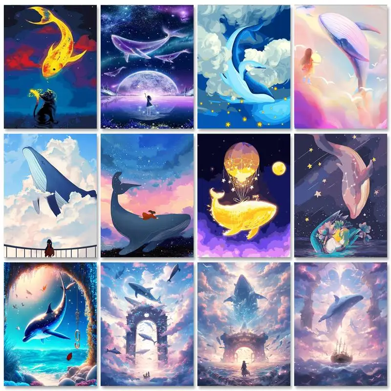 GATYZTORY Diy Paintings By Number Starry Sky Scenery With Frame Oil Painting Whales Animal Kits Acrylic Paint Home Wall Decor