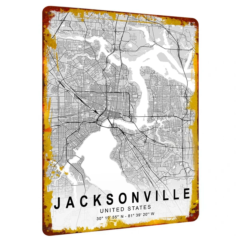 Jacksonville City Map Metal Wall Art USA Urban Street Grid Decor for Home Office