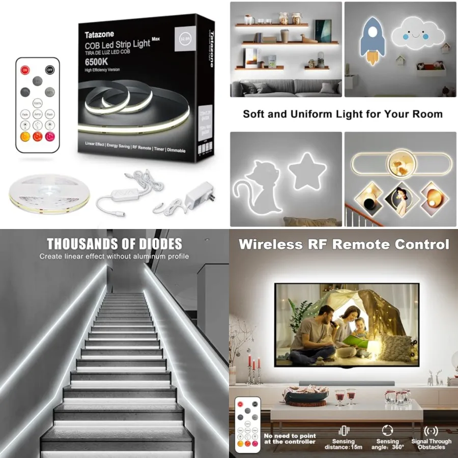 

6500K White COB Led Strip Light with RF Remote, Dimmable CRI93+ Bright Daylight White COB Light Strip, Indoor Led Lights for Ki