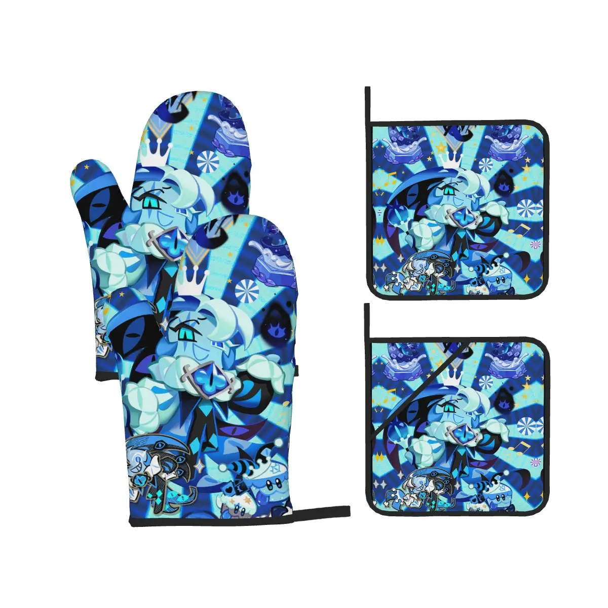 Shadow Milk Cookie Run Kingdom Oven Mitts and Pot Holder Sets of 4 for Baking Kitchen Cooking Grilling Resistant Non-Slip Gloves