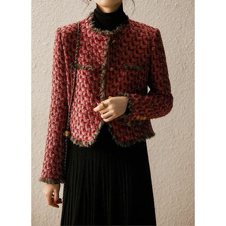 

Heavy Handwork Premium Wool Tweed Xiaoxiangfeng Jacket Red Woven Tweed Thousand Birds Plaid Women's Autumn And Winter Short Coat