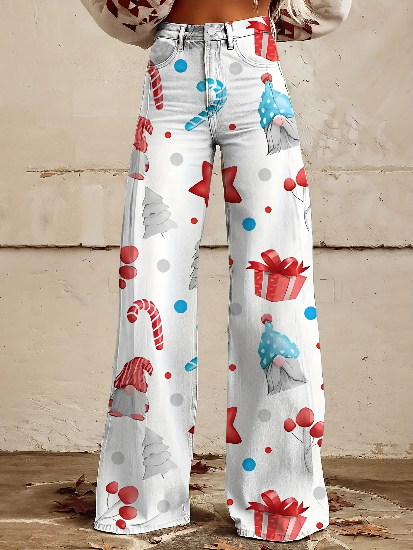 Ladies' imitation denim pants featuring Santa Claus, snowflakes, pine cones, and star patterns for autumn and winter