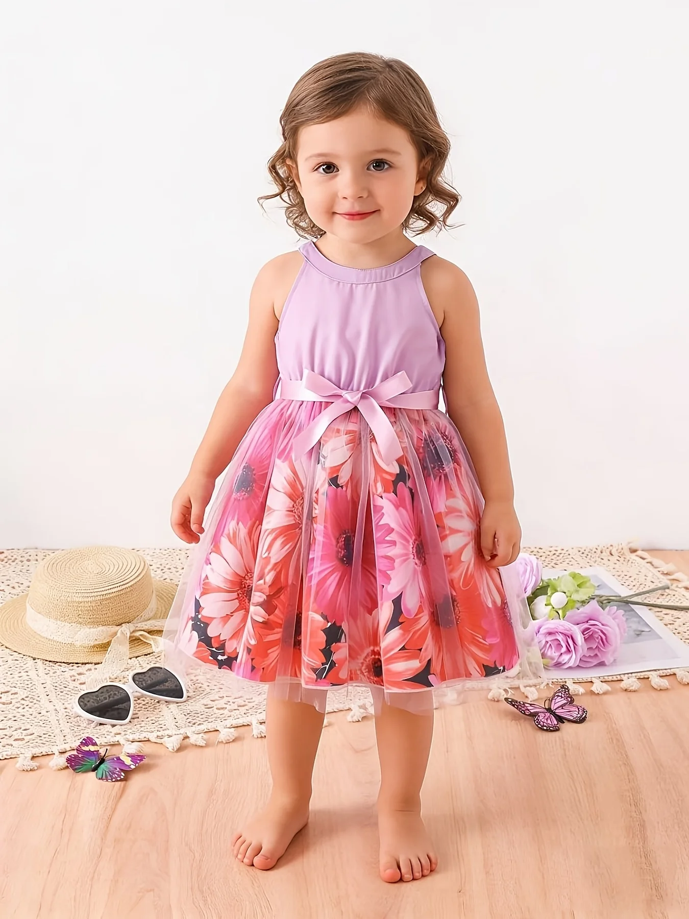 

Милое платье-пачка с цветочным принтом для маленьких девочек, сарафан без рукавов с лямкой на шее и поясом-бантом, праздничный наряд принцессы