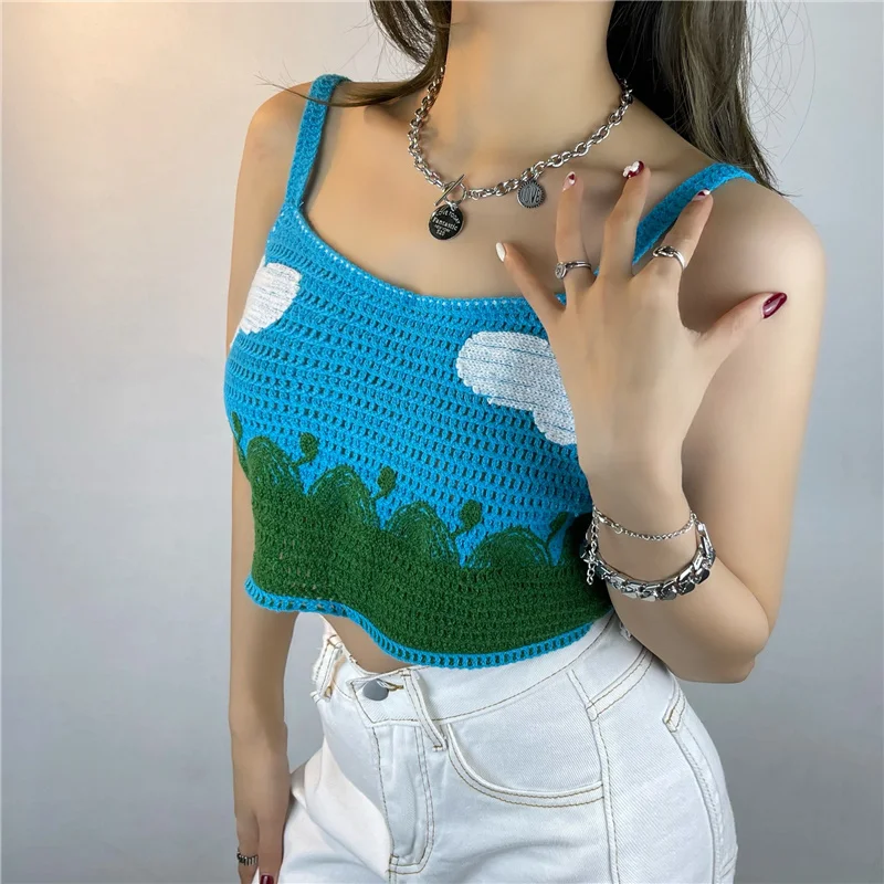 

Woman Crochet Top Tank Tops Women Floral Print Tanks Crop Camisole Japnese Fashion Knit Camis Embroidery Hollow Out Dropshipping