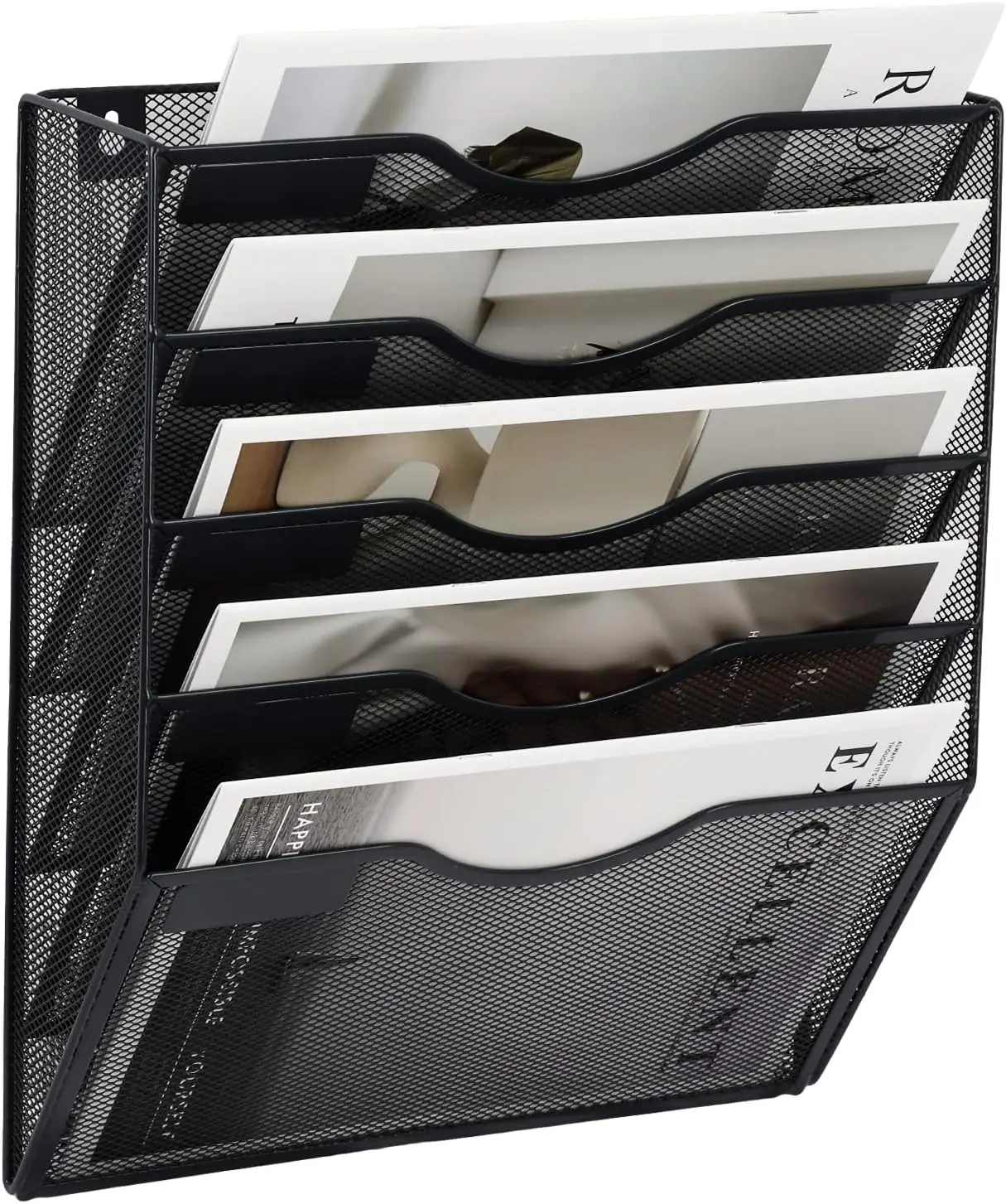 

5 Pocket Wall File Organizer, Mesh Metal Clipboard Storage for Office Home School, Black