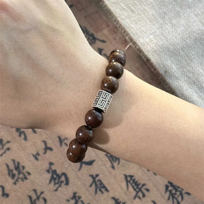 Original Niche Golden Sandalwood Prayer Beads Unisex Vintage Tibetan Silver Minimalist Playable Couple Bracelet