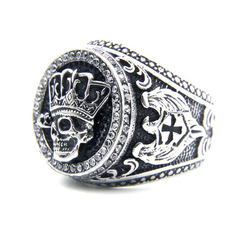 

Crown Skull King Ring Stainless Steel Punk Biker Man Clean Stones Skeleton Ring Size 7-13