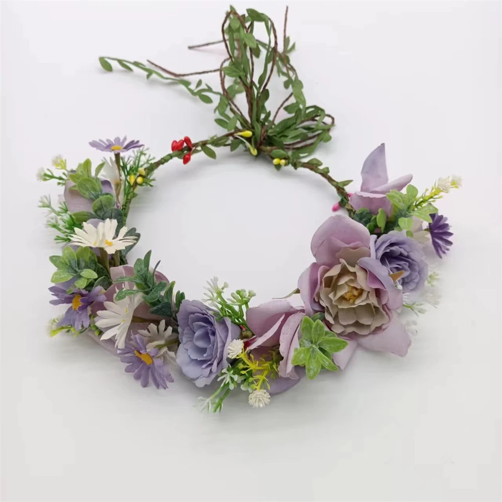 Purple Simulation Flower Wreath Hair Band Bohemian Rose Daisy Crown Hairband Spring Bride Wedding Party Tiara Accessories Decor