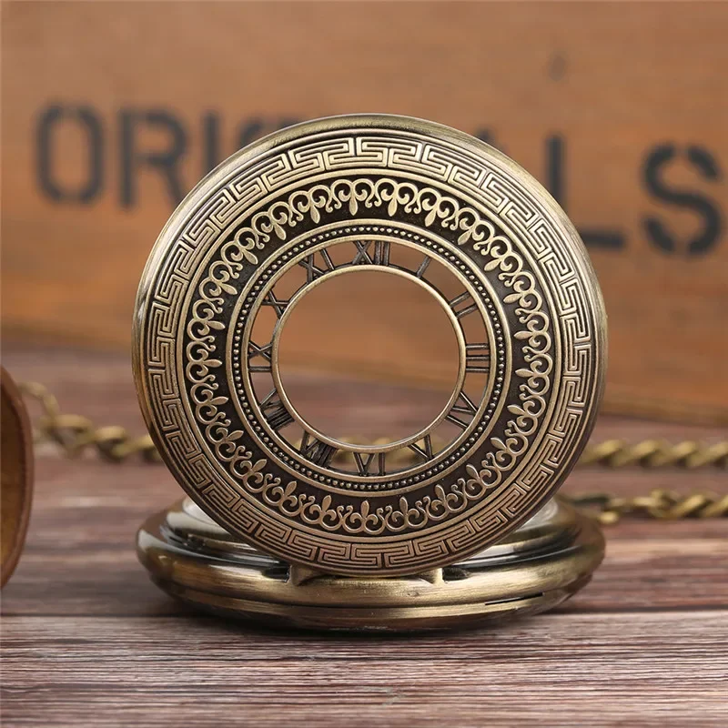 Vintage Style Unisex Hand Winding Mechanical Pocket Watch Roman Numerals Display Hollow Bronze Pendant Watches Clock FOB Chain
