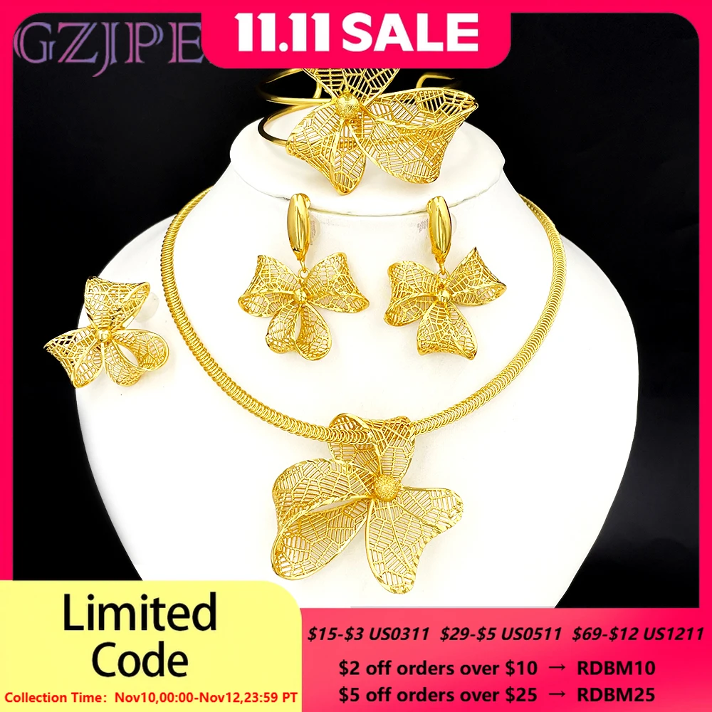 

GZJPEI African Women's Bowknot Jewelry Set Gold Plated Necklace Earrings Bracelet Ring, Fashion 4PCS Jewelry Set For Women,