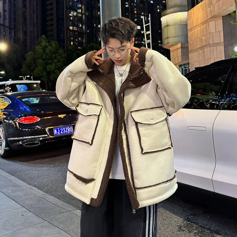 GIOIOMen's Jacket，Winter Fleece-Lined Thickened Warm Turn-Down Collar Three-Dimensional Large Pocket Loose Casual Coat Jacket