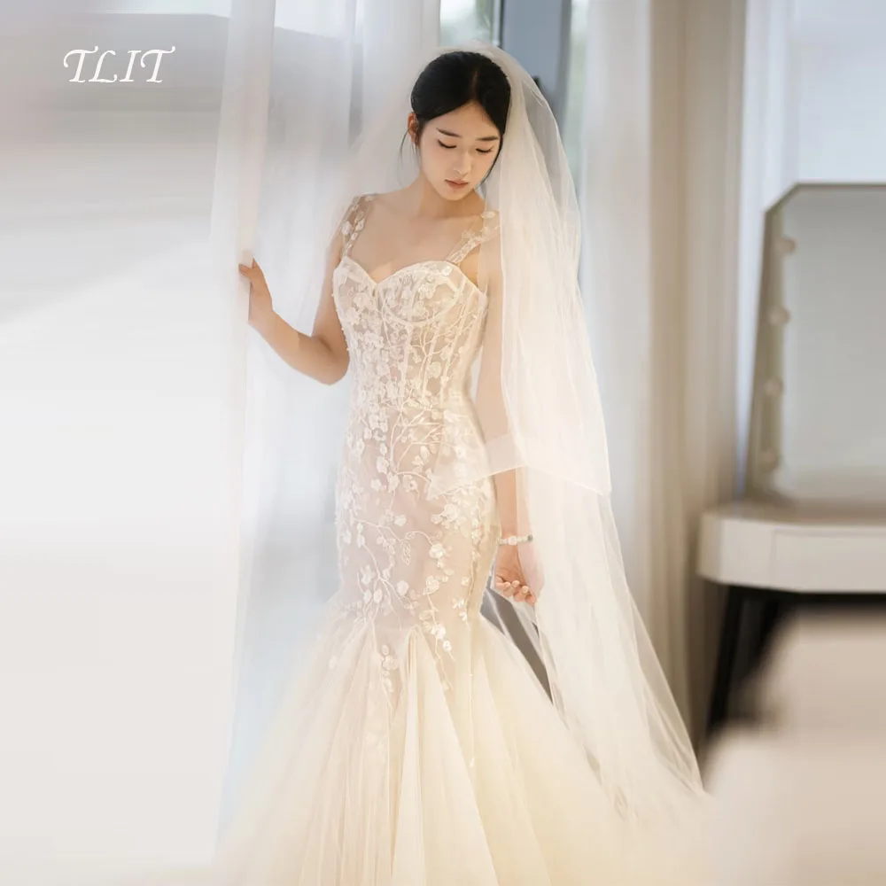 TLIT Elegant Lace Mermaid Wedding Dresses Customized Spaghetti Strap Bridal Korea Wedding Dress Photo Shoot Strapless Dresses