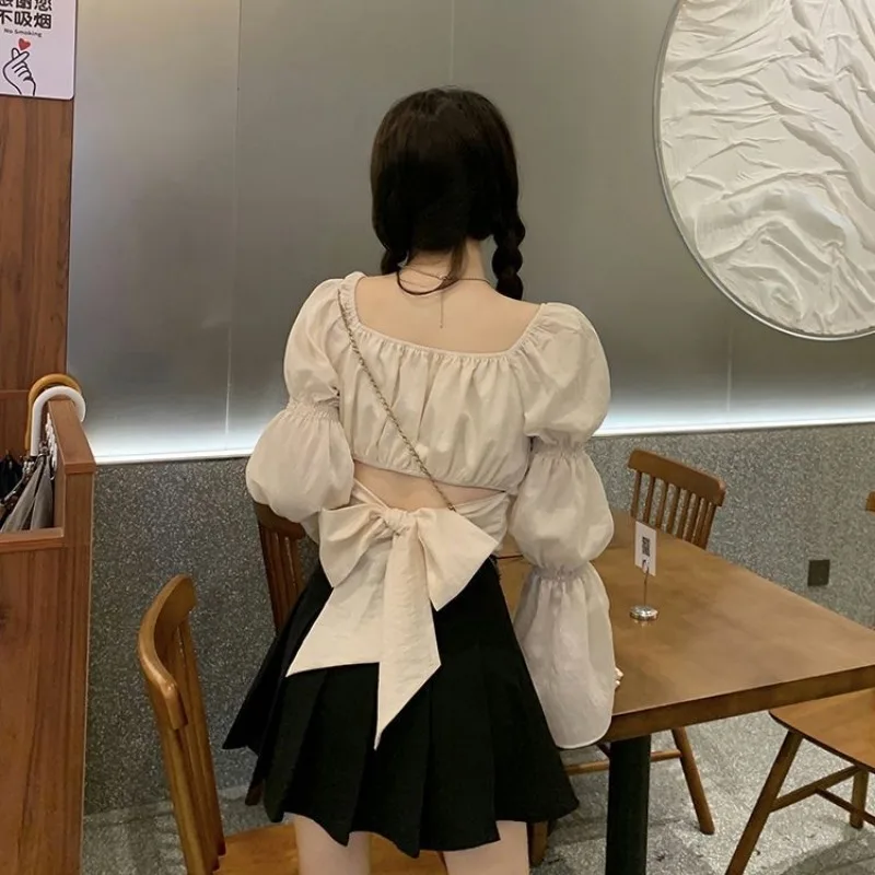 Sweet Puff Sleeve Blouse Women New Autumn French Square Collar Lace-up Long-sleeved Solid Color Slim Basics Daily Tops Female