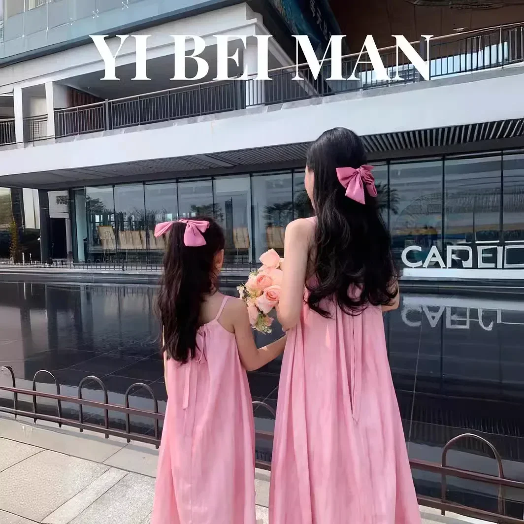 

Vacation Look Mom and Daughter Matching Dress Sleeveless Pink Dress Mother and Baby Girls Elegant Dresses Holiday Women Clothing