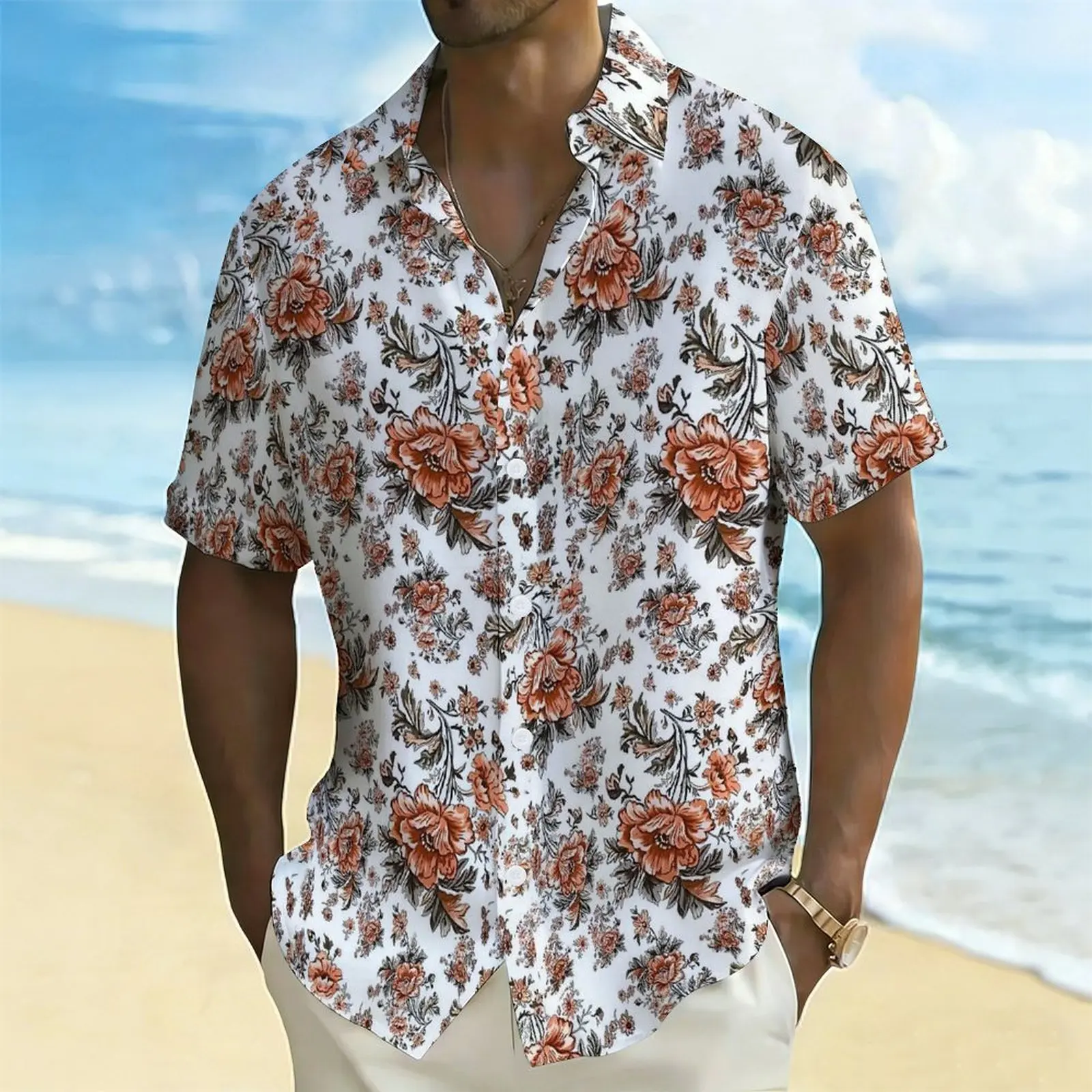 Men Floral Print Short Sleeve Shirt Turn Down Collar Button Up Casual Business Office Daily Wear Shirts