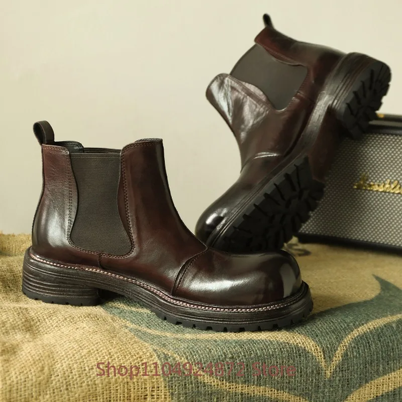 British Round Toe Horsehide Thick Soled Business Casual Leather Boots Men Genuine Leather Outdoor Walking Chelsea Boots Male
