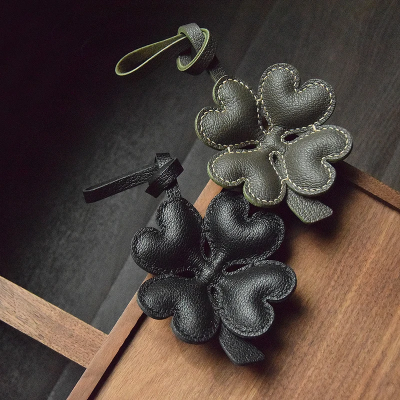 Handmade Leather Shamrocks Patten Green Good Luck Bag Charms Key Ring