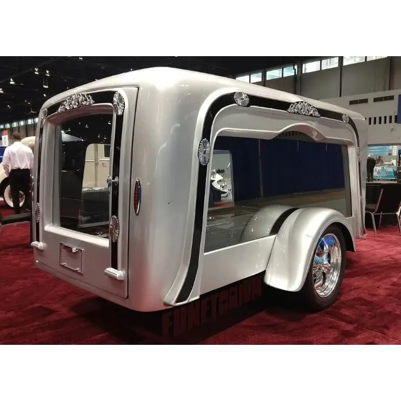 Customized Retro Single Axle Funeral Trailer Chrome Ornament Transparent Glass Window Mini Hearse Trailer For Exhibition Show