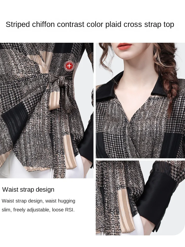 French Style V-neck Chiffon Plaid Shirt Women Spring Summer New Long Sleeve Turn-down Collar Casual Lace-up Tops and Blouses