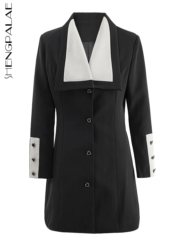 

SHENGPALAE Fashion Women's Dress Lapel Contrast Color Heart Shaped Buttons Waist Retraction Slim Mini Dresses Summer 2024 New