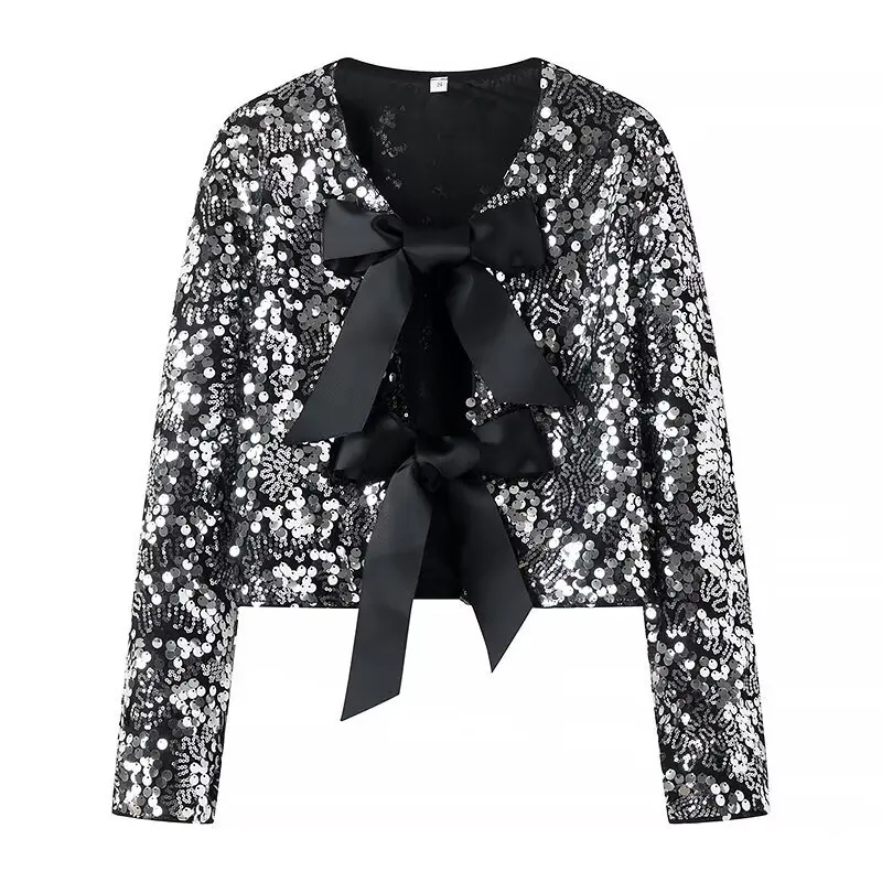 Women’s Sequin Bowknot Decorated Top Jacket Playful Fashion Eye-Catching Party Dinner Outfit Chic Stylish