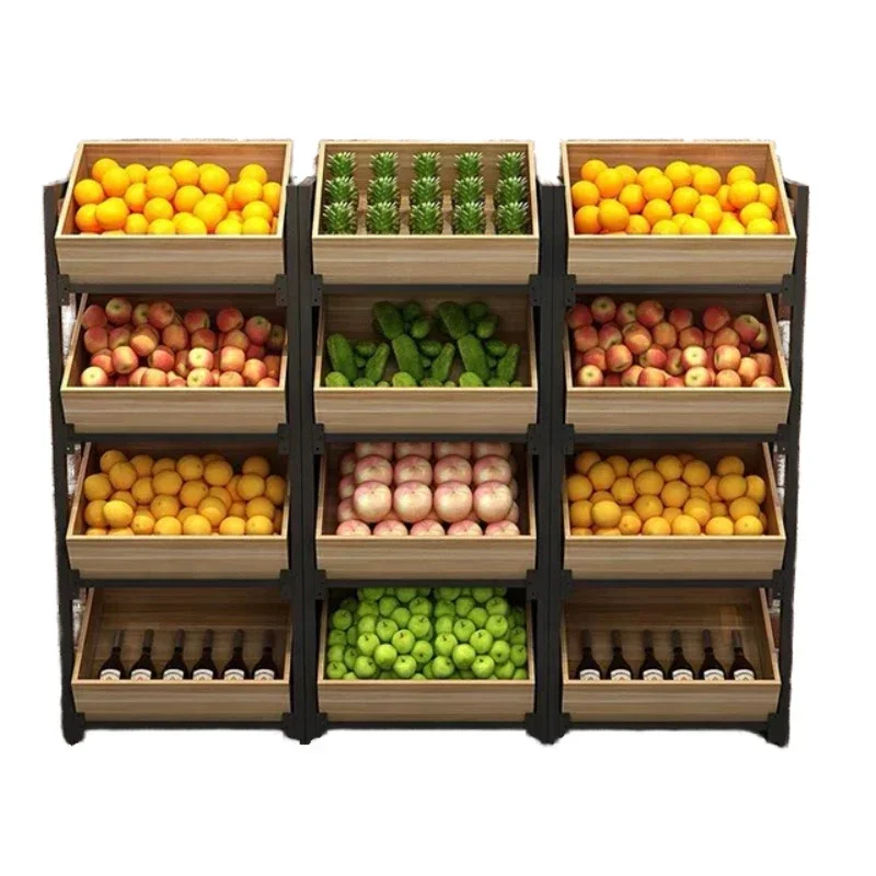 

Hot sales Supermarket Heavy Duty 4-Layer Wooden Display Rack Metallic Stand for Fruits and Vegetables OEM Supplier