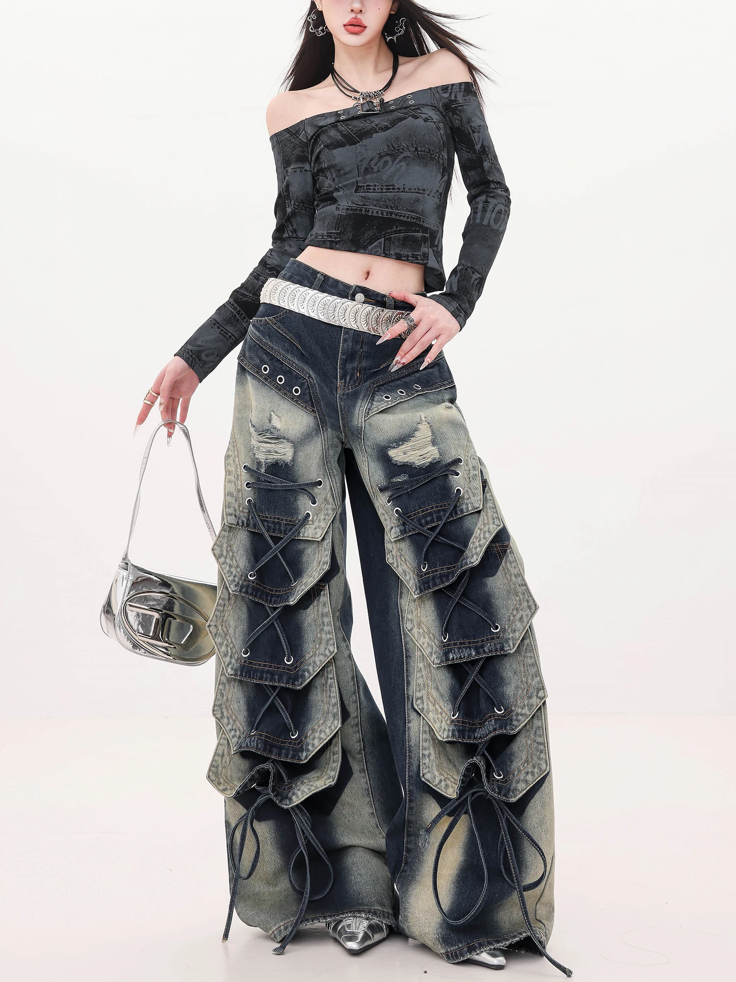 

ABWLR Cool Punk Original Desert Wind Широкие джинсы adient Splicing Тяжелые прямые брюки Спецодежда Sle Женские джинсы