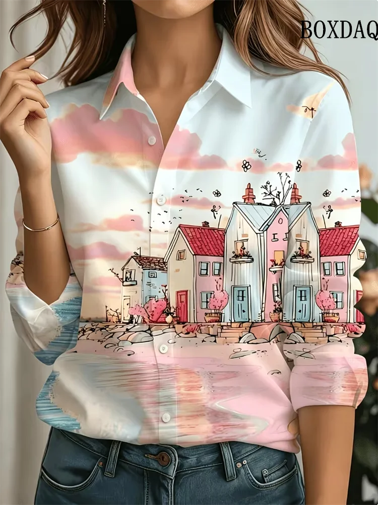 New 2026 Spring Autumn Ladies Long-Sleeved Shirt Cherry Print Pattern Sweet Cute Casual Button Down Shirts Loose Fashion Blouses