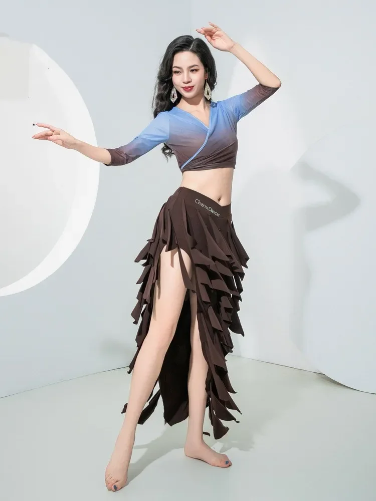 Sexy Vrouwen Buikdans Kostuum 2-delige Set Flowy Fringe Rok Gardient Gaas Top Oosterse Danser Praktijk Show Stage Outfit Nieuwe