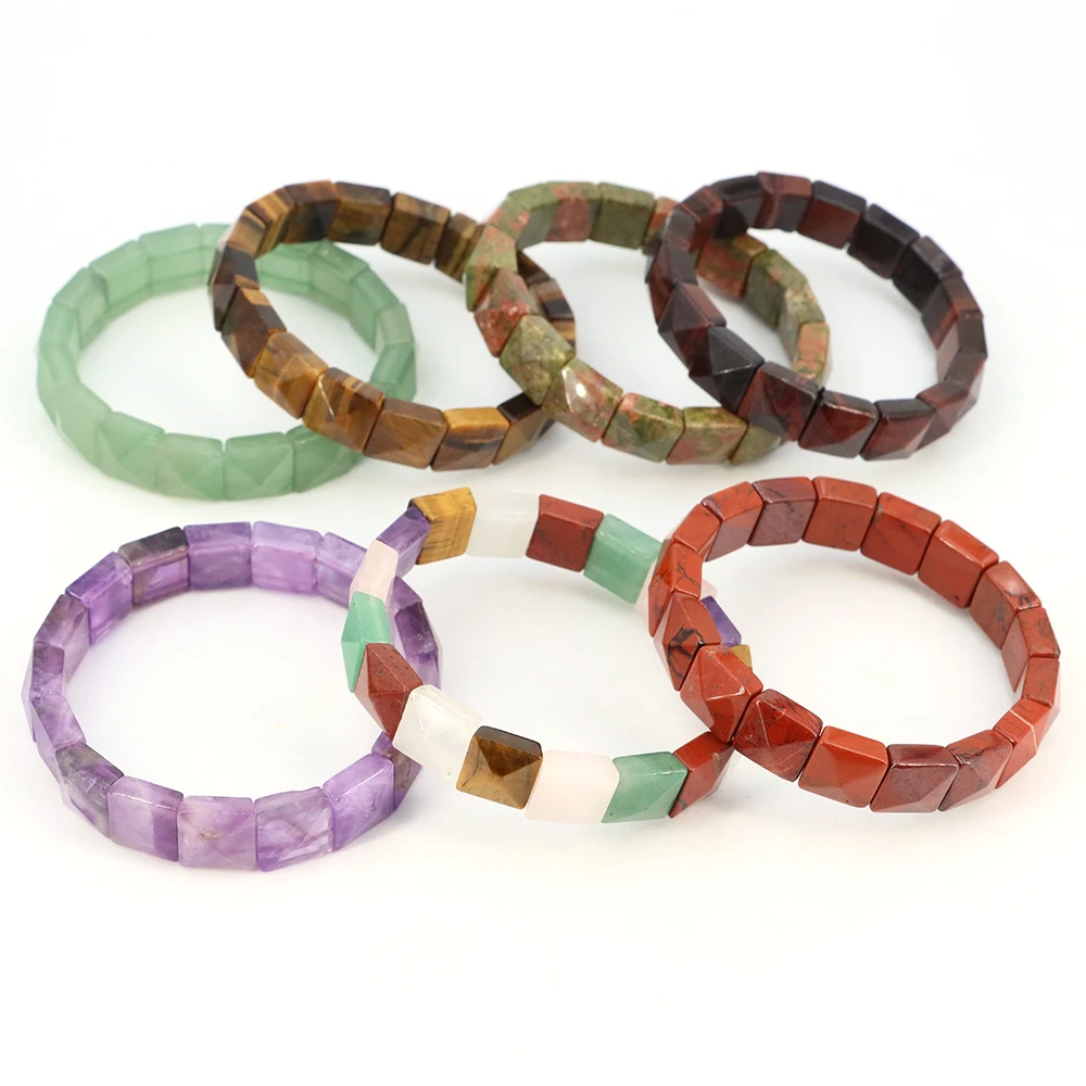 12mm Faceted Natural Stone Beads Square Pyramid Bracelet Handmade Reiki Healing Meditation Bangles Elastic Rope Couple Jewelry