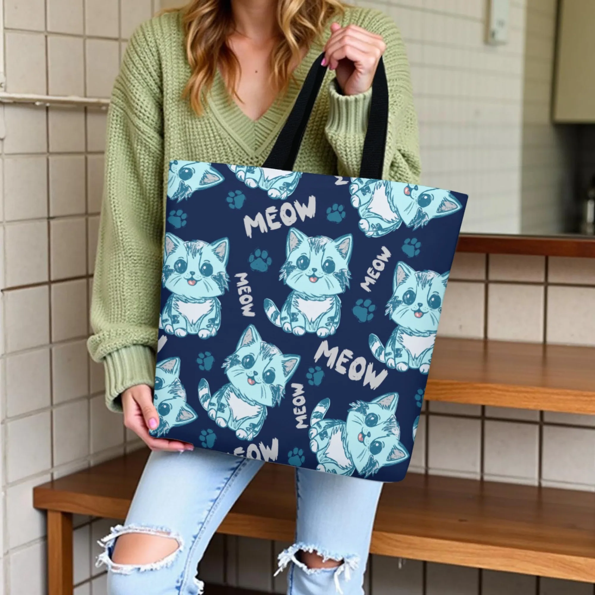 

Eco-Friendly Cat Lover Canvas Tote Bag Navy Blue Cute Cat Shoulder Bag for Women Casual Reusable Shopping Bag Ideal Gift