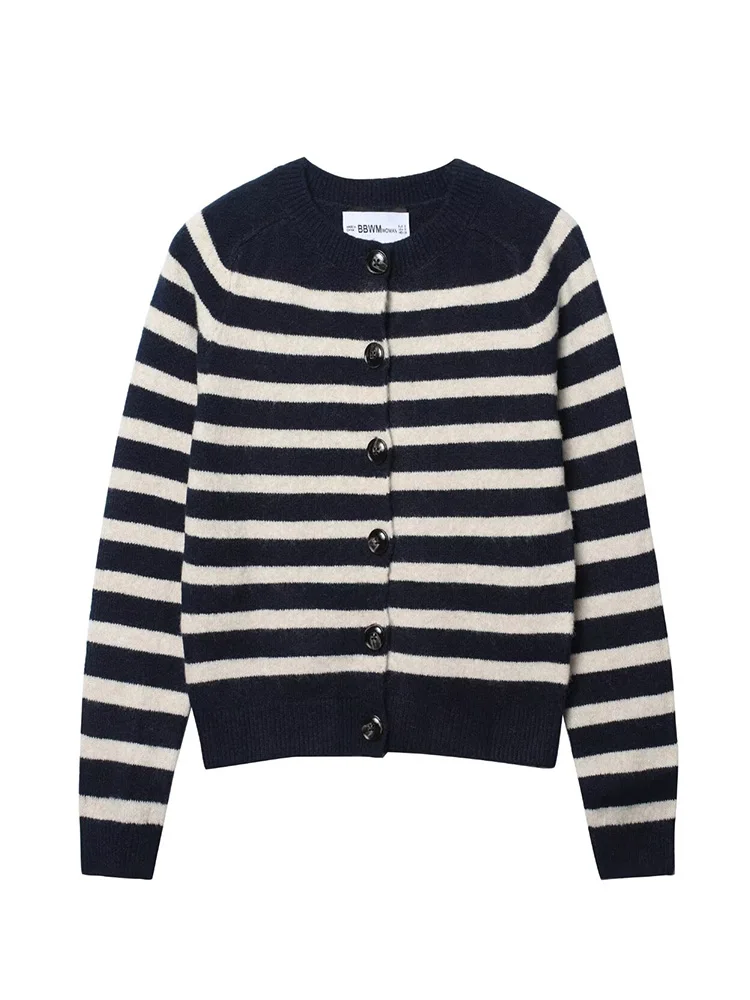

HH Autumn Women Elegant Cardigans Round Collar Knitted Cardigan Women Chic Single Breasted Striped Long Sleeve Short Top