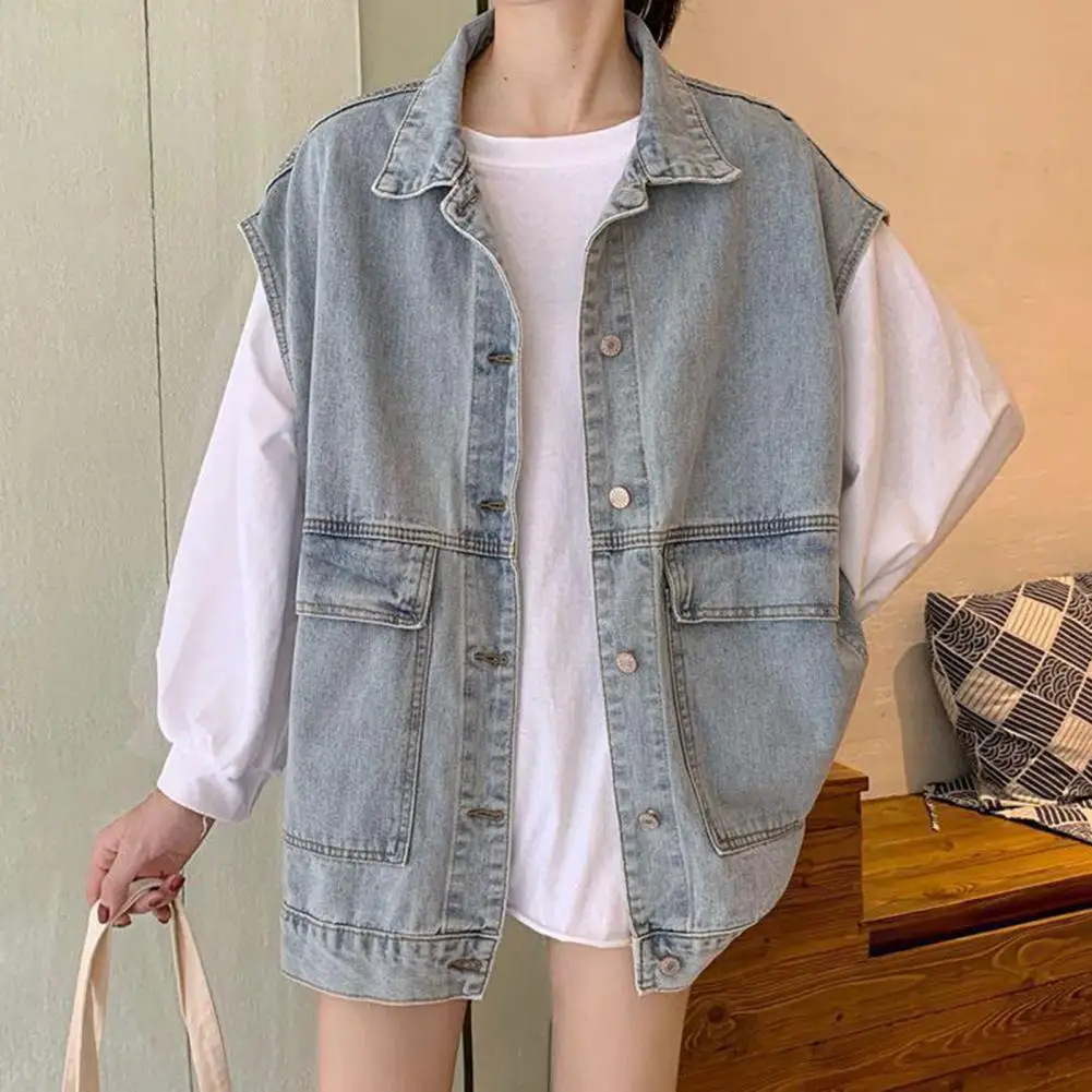 

Vintage Lapel Sleeveless Broad Shoulder Denim Vest Women Spring Autumn Single Breasted Flap Pockets Casual Cardigan Vest Tops