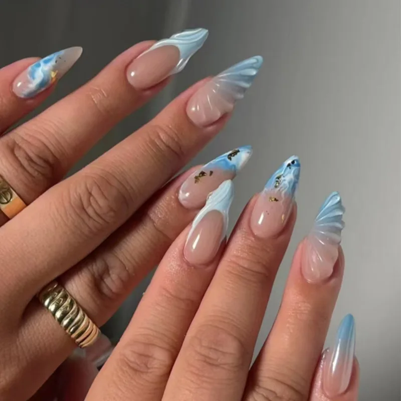 24pcs Ocean Fake Nails Long Almond Head Press On Nails Y2k False Nails 3D Crystal Stripe Decor Wearable Blue Gradient French Tip