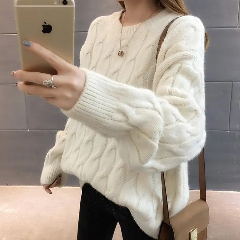 Women\'s Solid Color Pullover Long Sleeve Screw Thread Sweater Autumn and Winter Loose Round Neck Patchwork Casual Sweater Tops