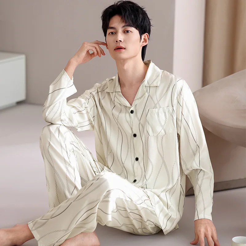 

L-4XL Large Size Korean Young Male Pajamas Autumn Ice Silk Print Lapel Cardigan Long Sleeve Trousers 2pcs Sleepwear Loungewear