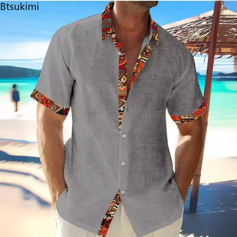 Camisa havaiana masculina para férias na praia, cardigã de lapela de manga curta, camisa casual solta, blusa de retalho, verão, 2024