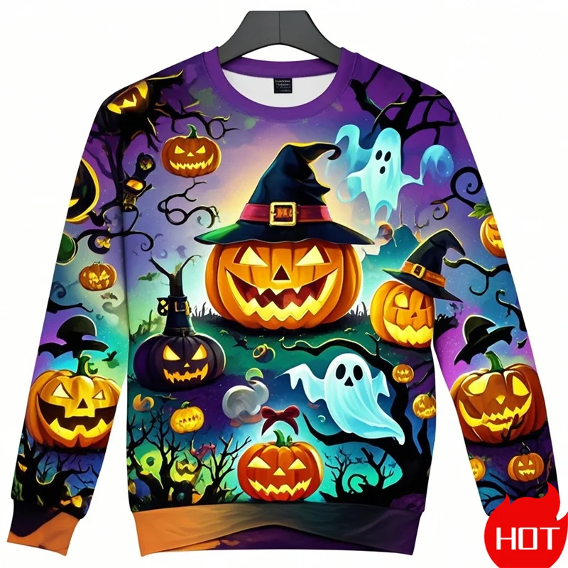 面白いハロウィングラフィックメンズレディーススウェットシャツクリエイティブゴーストパンプキンプリントOネックプルオーバールーズ長袖秋デイリートップ